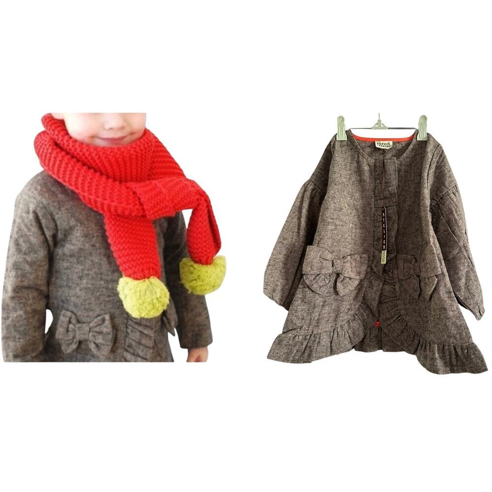 SOPHIE CATALOU Brown Cotton Tweed Ruffle Bow Swing Jacket Girl’s - Sz 5 - NWT